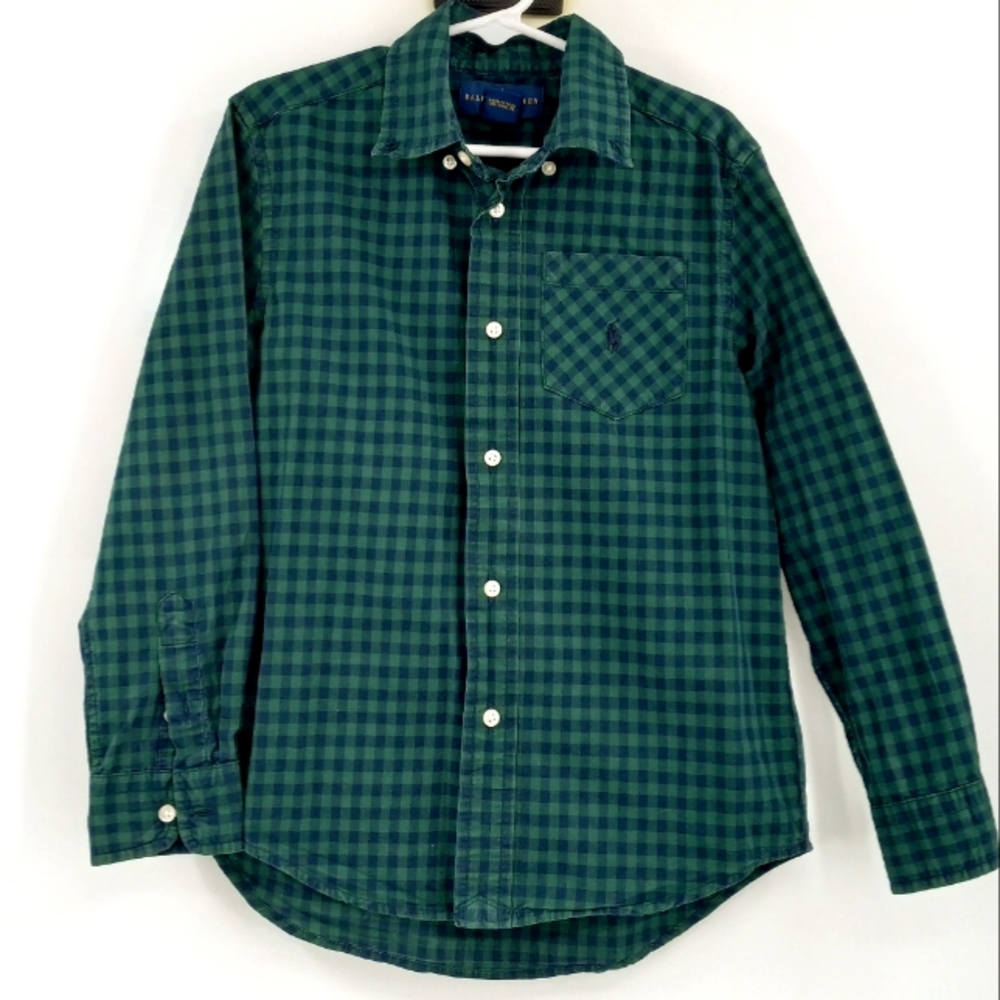 RALPH LAUREN Blue Label Boy's Green & Navy Gingham Plaid Button Down Shirt 6